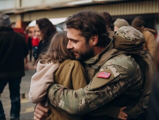 Soldier embracing family member upon return