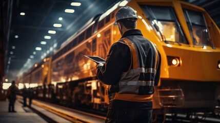 Engineer overall checking the electric train with digital tablet in railway