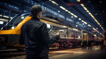 Engineer overall checking the electric train with digital tablet in railway