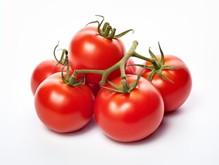Ripe tomatoes with green stems on white