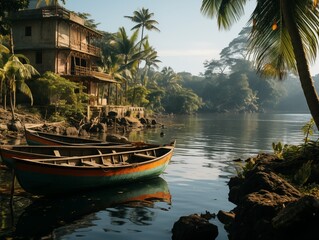 Riverfront house with canoes in a tropical setting