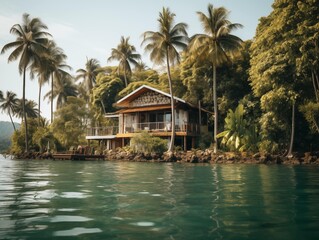 Fototapeta premium Waterfront house amidst dense tropical greenery