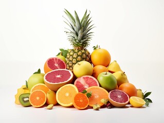 Variety of fresh tropical fruits neatly arranged on white