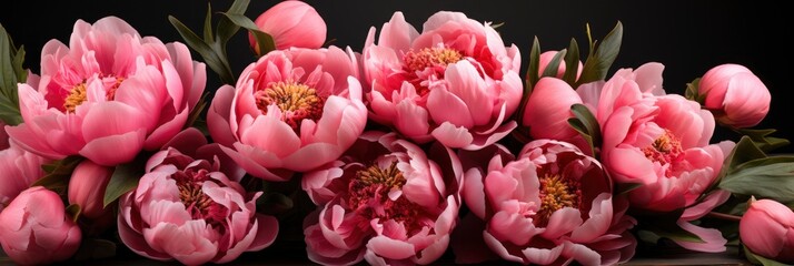 Beautiful Bouquet Pink Peonies On Black , Banner Image For Website, Background, Desktop Wallpaper