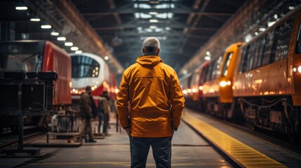 Rear view young man engineer overall checking the electric train in railway workshop for engineering industry
