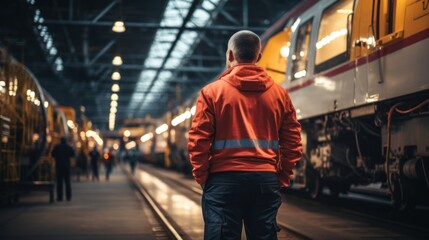 Rear view young man engineer overall checking the electric train in railway workshop for engineering industry