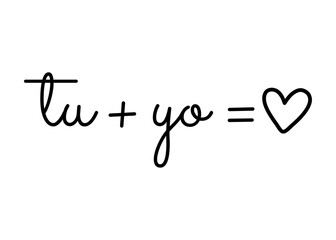 Declaración de amor. Fórmula matemática Tu + yo = amor en español para su uso en felicitaciones y tarjetas de San Valentín