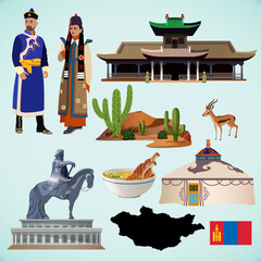 Set illustration of the country Mongolia. National clothing, food, architecture of Mongolia, yurt, desert, animals of Mongolia