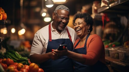 A senior black man holding a kitchen knife and carrots Mature woman holding a smartphone Both in an apron and laughing - obrazy, fototapety, plakaty