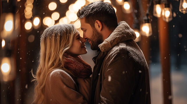 Joyful couple kissing on a winter night lit by festive string lights