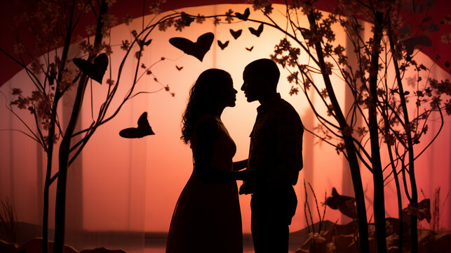 Two silhouettes kissing against a backdrop of heart-shaped decorations, Valentines Day - Powered by Adobe