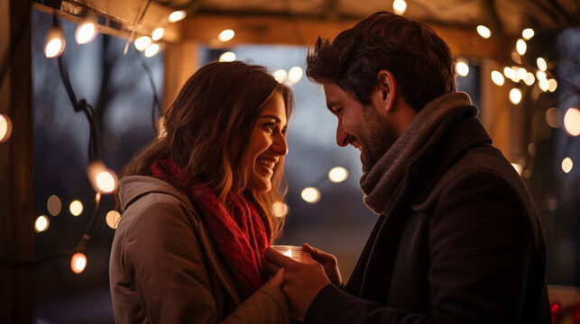 Couple exchanging heartfelt valentines under a canopy of fairy lights, Valentines Day