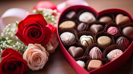Valentines chocolates in a heart-shaped box next to a bouquet, Valentines Day