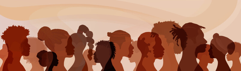 Profile silhouettes people African and African American. Ethnic group men and women with black skin. Black history month event. Racial equality - justice - identity - anti-racism. Banner - obrazy, fototapety, plakaty