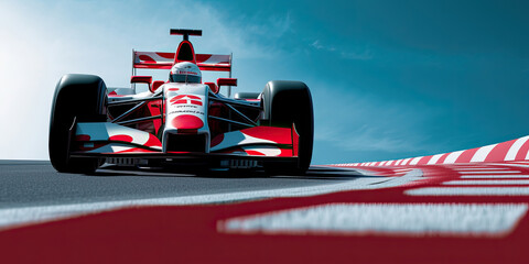 A fast red and white race car zooming along a track, perfect for race car events, sports posters, or automotive designs needing a dynamic touch.formula 1 winner - obrazy, fototapety, plakaty
