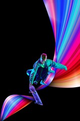 Obraz premium Young man, sportsman doing stunts on skateboard against black background in neon lights with colorful abstract element. Creative design. Concept of creativity, art, sport, competition, training
