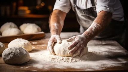 Poster Artisan Chef hands kneading dough © sirisakboakaew