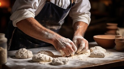 Artisan Chef hands kneading dough - obrazy, fototapety, plakaty