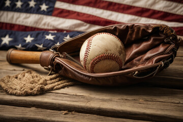 Leather baseballs, bat and glove with United States flag in the background. US favorite family sport