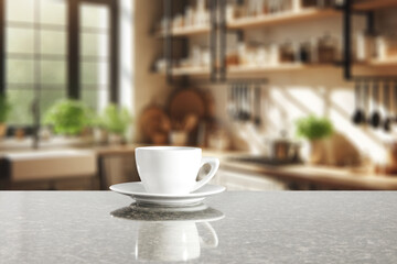 Desk of free space and kitchen interior. Home interior with window. 