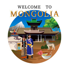 Welcome to Mongolia. Set illustration of the country Mongolia. National clothing, food, architecture of Mongolia, yurt, desert, animals of Mongolia