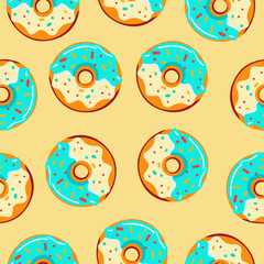 Seamless pattern depicting appetizing donuts with beige and turquoise glaze and sprinkles. Vector illustration.