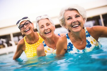 Obraz premium A cheerful group of seniors in a water fitness class, promoting health and happiness through aqua aerobics.