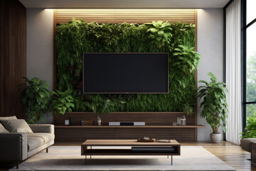 Lounge interior with TV, sofa and coffee table. Vertical garden - wall design of green plants....