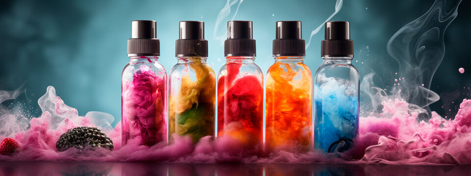 A bottle of liquid. Vaping. Flavored e-liquid. Selective focus.