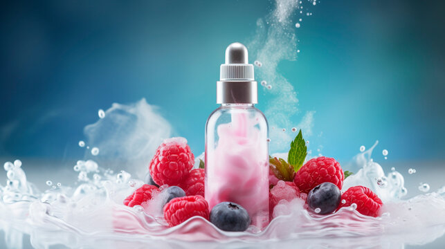 A bottle of liquid. Vaping. Flavored e-liquid. Selective focus.