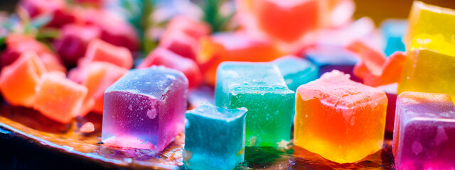 Cannabis jelly candies are beautiful, multi-colored. Selective focus.