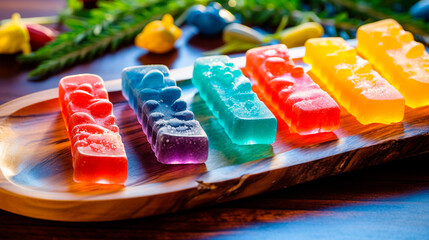 Cannabis jelly candies are beautiful, multi-colored. Selective focus.