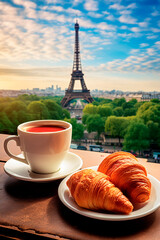A cup of coffee and a croissant with the Eiffel Tower in the background. Selective focus.