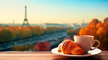 A cup of coffee and a croissant with the Eiffel Tower in the background. Selective focus. - obrazy, fototapety, plakaty
