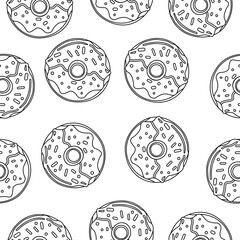 Seamless pattern of outline coloring of an appetizing donut glaze and sprinkles. Vector illustration.