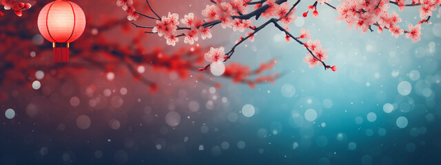 Beautiful Chinese background with lantern and flowers. Selective focus. - obrazy, fototapety, plakaty