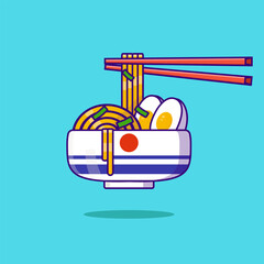 Ramen noodle egg with chopstick cartoon and blue background, free vector for poster, tshirt design, children book illustration