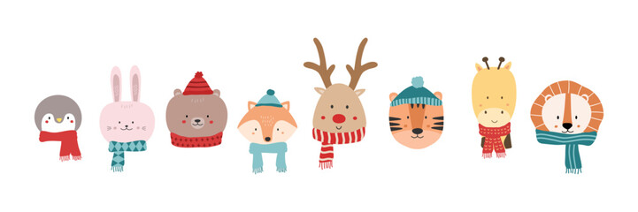 Cute winter animal head vector illustration. Whimsical Winter Wildlife: Adorable Animal Heads in Vector Doodle Kids Style