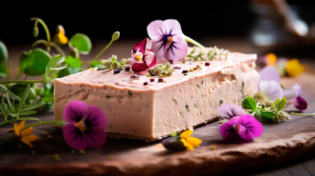 A piece of chocolate mousse cake decorated with flowers. Selective focus.