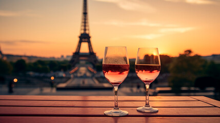 Glass of wine sunset Eiffel Tower background. Selective focus. - obrazy, fototapety, plakaty