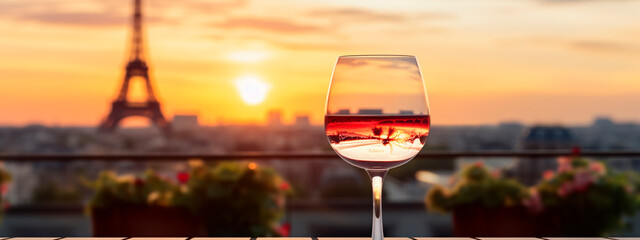 Glass of wine sunset Eiffel Tower background. Selective focus. - obrazy, fototapety, plakaty