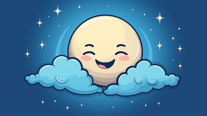 cartoon round moon on blue sky background, art character, good night kids