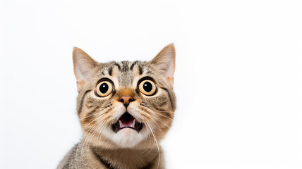 Obraz premium a frightened cat, an emotional portrait of fear isolated on a white background, a cat with big eyes is afraid
