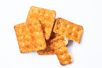 Pile of sweet digestive biscuits isolated on white.