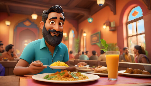 View of cartoon man enjoying a delicious Indian food