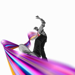 Teen boy, skateboarder in motion, training against white background with colorful abstract element....