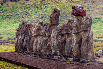 moais in the quarry of Rano Raraku, in Rapa Nui, Easter Island