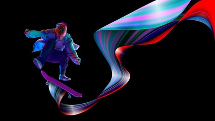 Teen boy jumping on skateboard against black background in neon lights with colorful abstract...