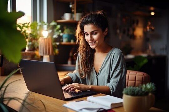 Hispanic young woman using laptop at home for online shopping
