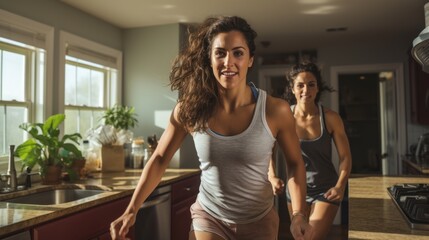 Hispanic young women helping each other while exercising at home
